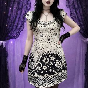 Early 2000s Whimsy Floral Black and White Satin Empire Waist Babydoll Dress